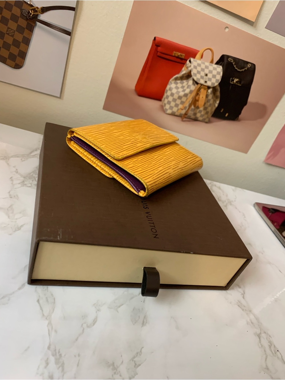 Louis Vuitton Yellow Textured Leather Bifold Wallet with Purple Interior